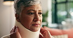 Senior woman, neck cast or home with pain for treatment, medical recovery or accident. Mature, female person or patient in retirement with muscle brace for rehabilitation, whiplash or injury at house