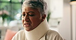 Neck brace, home and old woman with pain, discomfort and morning with recovery. Apartment, pensioner and elderly person in living room, sore ache and rehabilitation with retirement, collar and broken
