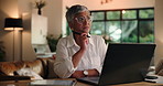 Laptop, tablet and thinking with freelance woman in home for reading information or research. Computer, deadline and remote work with mature person in apartment for small business compliance at night
