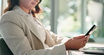 Office, employee and hands with smartphone, research or browsing for project on social media or web. Business, digital strategist and person with mobile app for ad campaign, online and plan with tech
