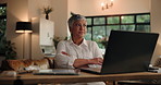 Arms crossed, annoyed and laptop with woman thinking in home for problem solving or remote work. Computer, idea and stress with frustrated mature freelancer in apartment for small business compliance