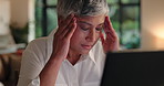Headache, laptop and stress with freelance woman in home office at night for report deadline. Burnout, computer and remote work with mature employee in apartment for problem solving or solution