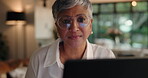 Remote work, mature woman and laptop in home for editing draft, reading editor feedback or research. Creative project, author and tech for publishing review, proofreading script and planning article
