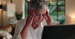 Burnout, headache and laptop with freelance woman in home office at night for report deadline. Computer, remote work and stress with mature employee in apartment for problem solving or solution