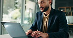 Office, typing and man with laptop, planning and financial performance of company and data analysis. Face, bookkeeper and person with smile for business growth, graph or paperwork with info for sales