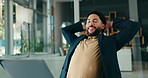 Laptop, relax and smile with business man at desk in office to complete report or research task. Administration, computer and hands behind head with design employee at work for project management