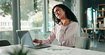 Woman, neck pain and stress with laptop in office with burnout, strain or charts at finance agency. Person, injury and spine ache with muscle fatigue, massage and stretching with graphs at company