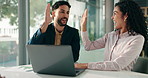 Happy, business people and laptop with high five for good news, deal or teamwork at office desk. Businessman, woman or excited employees with smile or touch for success on computer at workplace