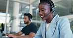 Call center, woman and smile in office with crm, communication and online consultant. Coworking, headset and technical service help, customer support or advice for assistance hotline or agency