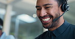 Headset, laughing and support with man in call center for advice, online help or virtual assistance. Conversation, feedback and funny with coworking agent in workplace for contact or customer service