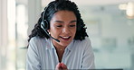 Conversation, headset and laptop with woman in call center for communication, feedback or support. Assistance, computer and contact us with friendly agent in workplace for customer service or review