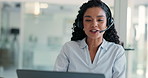 Call center, talking and business woman with laptop for customer service or multilingual support. Contact us, computer and happy agent speaking with headset for language translation, help and crm