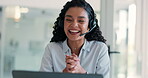 Consulting, laptop and headset with business woman in office for video conference, webinar and online meeting. Virtual, discussion and training with person and microphone for digital help desk