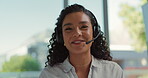 Conversation, face and headset with woman in call center for communication, feedback or support. Assistance, contact us and help with friendly agent in workplace for customer service or review