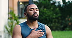 Balance, meditation and breathing with man in garden for holistic exercise or wellness routine. Awareness, yoga and inner peace with yogi person outdoor by home for fitness, mindfulness or pilates
