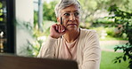 Thinking, research and laptop with old woman at home for retirement future, pension asset and vision. Tax return, reflection and loan survey with senior person outdoor for online finance and decision