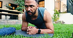 Fitness, plank and man outdoor to exercise abs, workout and check smart watch for health progress. Training, muscle and core strength for body balance, breathing and track results at home backyard