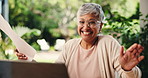 Documents, excited and laptop with old woman at home for retirement savings, asset and budget. Tax return, success and loan approval with senior person outdoor for online finance, dance and winner