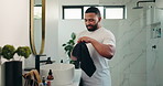 Bathroom, man and hands with water for washing, hygiene and morning routine with cloth to wipe. Home, male person and bacteria prevention with self care for germs disinfection, cleaning and fabric