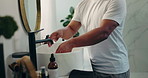 Hygiene, man and washing hands in bathroom basin for germ protection, dirt removal or self care. Morning routine, towel and happy person in mirror with skincare, getting ready and clean skin in home