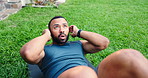 Man, outdoor or crunches in home for exercise, abdominal power or balance for strong core muscle. Stability, body builder or sit ups in backyard for fitness challenge, workout routine or training abs