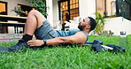 Man, stretching and floor for fitness outdoor for body balance, core strength and sports exercise. Male person, touch heels and training for strong muscles, abdomen workout and flexibility at house