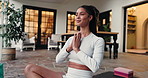 Yoga, meditation and woman in home breathe for wellness, mental health and mindfulness. House, morning routine and person with prayer hands for calm energy, balance and spiritual awareness for peace