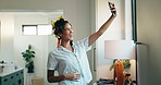 Woman, hairstyling and selfie with smile in bathroom for morning, makeover or routine in home. Phone, relax and excited with foam hair curling rods in apartment for haircare, getting ready and date