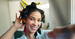 Face, hairstyling and selfie with black woman in bathroom of home for morning makeover routine. Smile, streaming and wellness with foam hair curling rods happy person in apartment for haircare