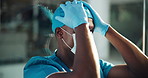 Black man, nurse or mistake with face mask at hospital for disappointment, fail or poor procedure. Male person, doctor or upset surgeon with regret for loss, grief or bad health operation at clinic