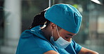 Doctor, loss and woman in hospital for surgery fail, patient death and operation mistake. Fatigue, stress and sad surgeon with regret for healthcare burnout, emergency or disappointed with pressure
