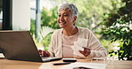 Smile, paper and old woman with laptop for finance, debt free or calculator for savings. Receipt, counting and person in retirement for budget, investment and positive credit score in home backyard