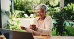 Documents, dance and laptop with old woman at home for retirement savings, pension asset and budget. Tax return, success and loan approval with senior person outdoor for online finance and winner