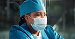 Doctor, thinking or tired woman in hospital for surgery fail, patient death and operation mistake. Fatigue, stress and sad surgeon with face mask for healthcare burnout, emergency and medical crisis