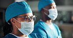 Face mask, surgeon and nurse ready in hospital for healthcare, wellness and safety. Woman, man and medical professional group with ppe, scrubs and surgery employee for support, help and clinic