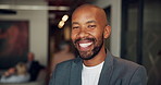 Face, smile and business man in office for finance, banking or bokeh with ambition. Portrait, confidence and happy professional entrepreneur laughing, investment consultant and employee coworking