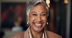 Face, manager and happy business woman in office for finance, banking or bokeh at hedge fund. CEO, confidence or mature professional entrepreneur, coworking or executive investor laugh for experience