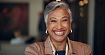 Face, manager and mature business woman in office for finance, banking or bokeh with portrait. CEO, confidence or happy professional entrepreneur, coworking or executive investor laugh for experience