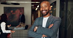 Face, smile and business man with arms folded in office at law firm with legal advisor coworking. Portrait, confidence and happy professional attorney, manager and consultant with career ambition