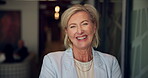Face, entrepreneur and woman in office, laughing and excited for business growth, pride and success. Confident, CEO and mature person with smile for investment opportunity, positive attitude and USA