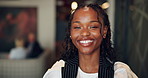 Happy, hotel and face of business black woman with confidence, pride and creative career. Interior designer, hospitality and portrait of person for commercial design, decor planning and aesthetic