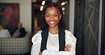 Face, smile and business woman with arms folded in office as creative art curator coworking. Portrait, confidence and happy professional manager at gallery, museum director and exhibition coordinator