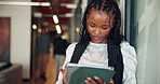 Tablet, research and businesswoman in office with contact, communication or email online for publishing. Digital technology, social networking and female editor with article for magazine in workplace