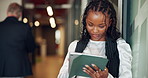 Business, tablet and black woman in workplace, typing and research for economy news. African person, employee and financial advisor with digital tech, app or answer email with online schedule or chat
