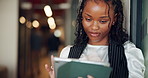 Business, tablet and black woman in office, typing and research for economy news. African person, employee and financial advisor in workplace, digital tech or answer email with online schedule or app