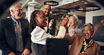 Office, business people and dance with high five for recording, goal celebration and live streaming. Happy, employees and content creation with phone for social media, rhythm or motivation with hands