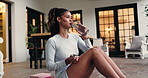 Active, woman and drink water for fitness outdoor for hydration, exercise break and wellness. Smile, female person and relax with bottle for refreshing beverage, recovery and morning routine at house