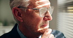 Window, serious and man with glasses, office and planning for financial growth, ideas and ambitious. Reflection, entrepreneur and mature person with vision for business, remember and opportunity