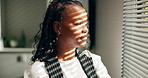 Idea, thinking and business woman by window for decision, planning or secretary problem solving. Office, vision and happy African worker with inspiration, insight and reflection for admin by blinds