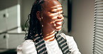 Vision, thinking and business woman by window for decision, planning or secretary problem solving. Office, thoughts and happy African worker with view, insight and reflection for admin by blinds